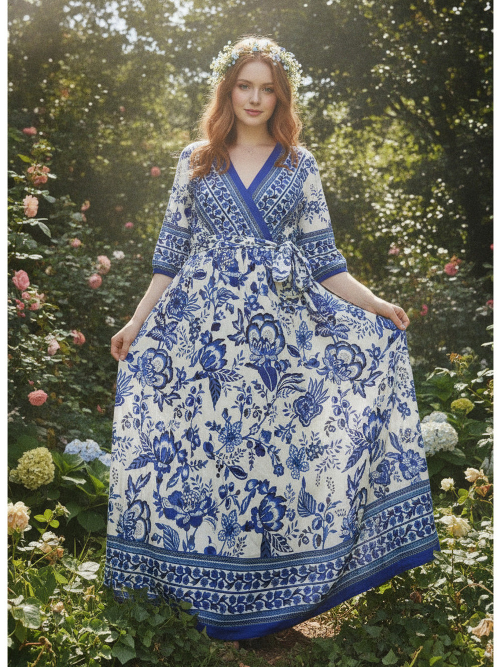 BloomChic Blue & White Floral Midi Dress Size 14-16 V-Neck Tie Waist 3/4 Sleeve